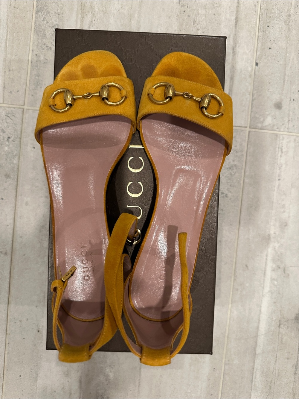 Gucci Mustard Yellow Suede Horsebit Slingback Heels